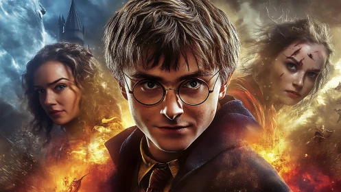 Young wizard stands brave amid stormy, firelit magic.