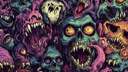 Polychromatic necrotic skull swarm in dense horror composition.