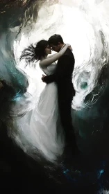 Ethereal Embrace: Luminous Couple in Chiaroscuro Composition.
