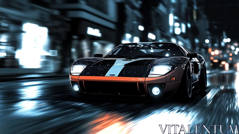 Sports car accelerates through wet neon city street at night