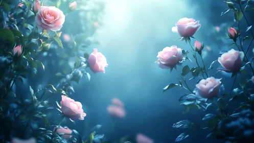 Pink roses blooming against luminous blue dreamscape.