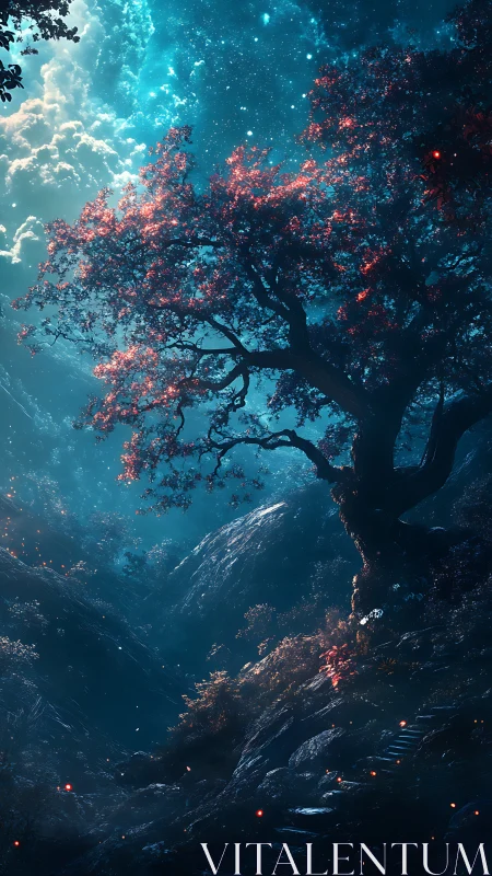 Starlit hillside tree glowing under a dreamy night sky.