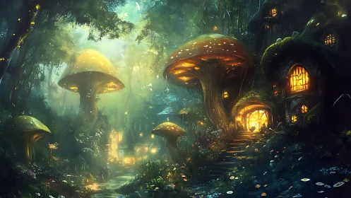 Enchanted mushroom village glowing under twilight forest.