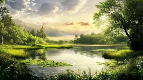 Digital landscape depicts reflective lake, trees and distant hills