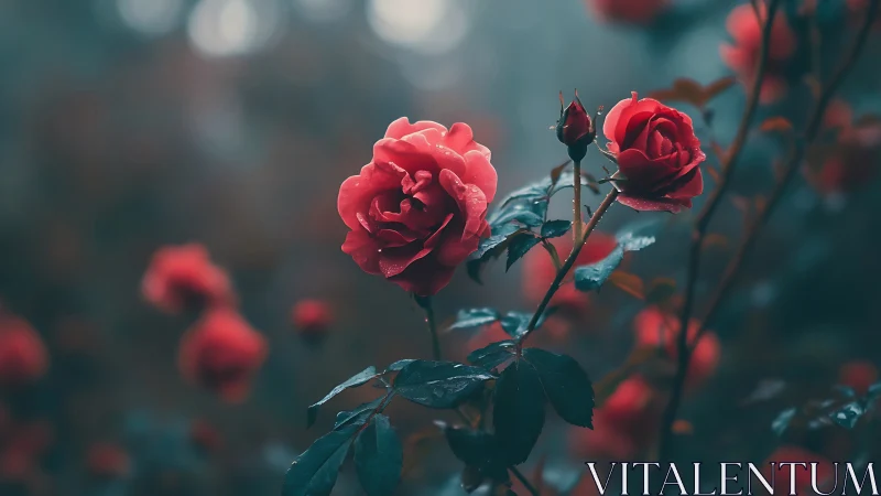 Deep Depth-of-Field Garden Rose Composition with Selective Focus and Atmospheric Bokeh Background