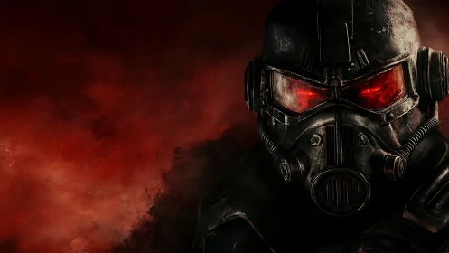 Armored respirator soldier with red visor in toxic red haze