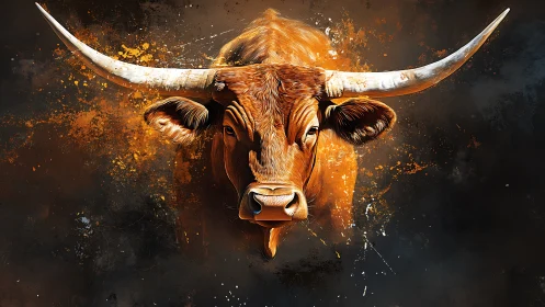 Fiery longhorn spirit charges forward through splattered dusk