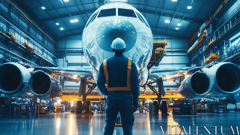 Quiet hangar moment with engineer and gleaming jetliner.