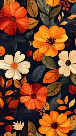Floral Pattern Study: Cosmos and Foliage on Dark Background