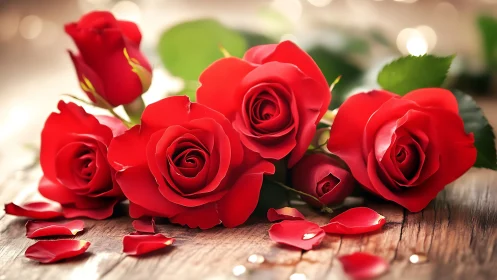 Velvet Dreams: Crimson Roses Scattered on Wood.