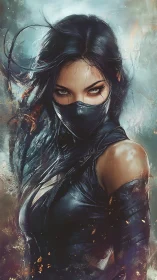 Masked female warrior in dark attire amid abstract sparks.