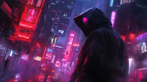 Cyberpunk rain-soaked alleyway with hooded figure silhouette.