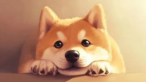 Gentle shiba puppy portrait in warm digital softness.
