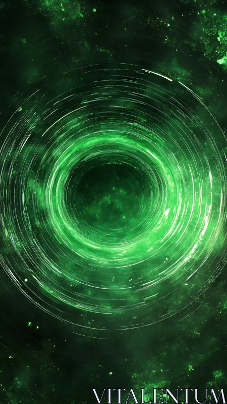 Emerald cosmic vortex with luminous concentric ripples.