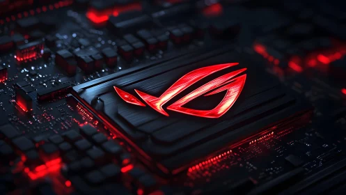 High-tech gaming motherboard with glowing red ROG logo, cyberpunk style.