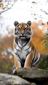 Tiger positioned on rock ledge before defocused autumn foliage.