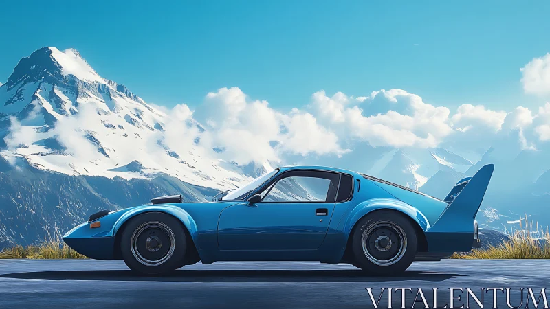 Blue retro sports car stands on mountain road in daylight