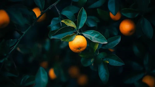 Ripe orange hangs amid dark glossy leaves in soft focus