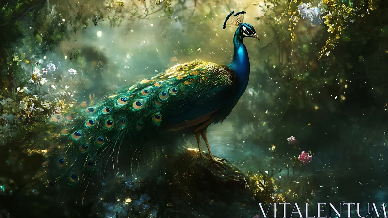 Radiant peacock standing over luminous forest pond.