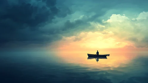 Solitary small boat on calm reflective sea at sunrise.