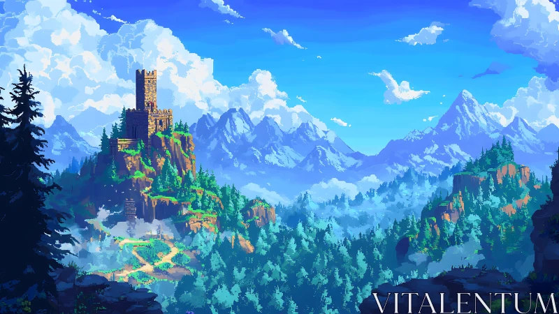 Pixel-rendered citadel on alpine escarpment with forest basin.