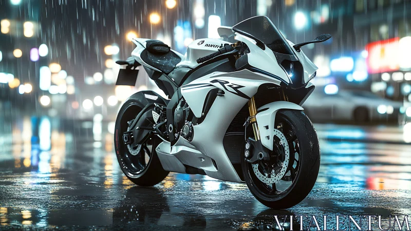 Photorealistic superbike render in neon urban rain scene.
