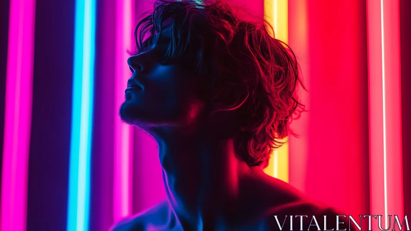 Side profile male silhouette under neon light bars at night.