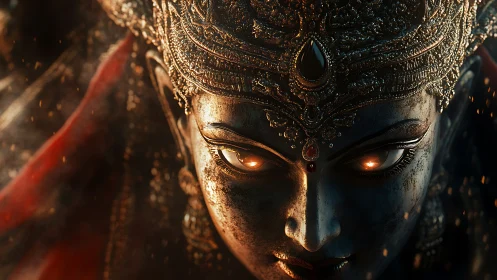 Intense closeup of ornate divine warrior face in firelight.