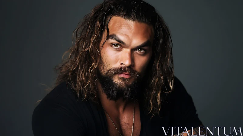 Bearded long‑haired man under soft portrait studio light.