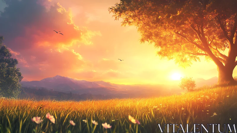 Sunlit meadow opens toward distant mountains at sunset.