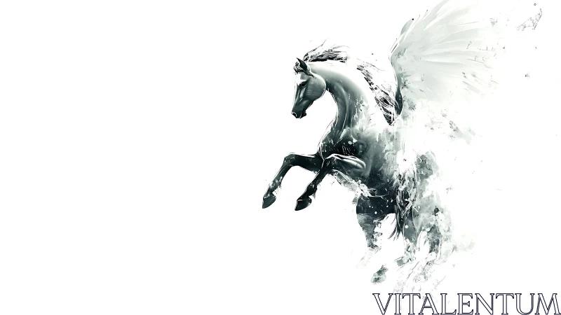 Winged white stallion dissolving into abstract splashes.
