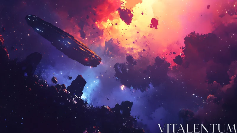 Starship traverses illuminated nebula amid dense asteroid field