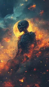 Skeleton silhouette stands in fire against a glowing moon