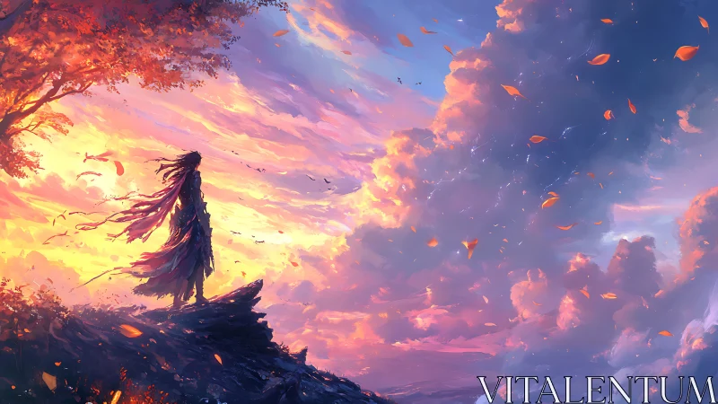 Dreamer on the cliff edge greeting a glowing sunset sky.