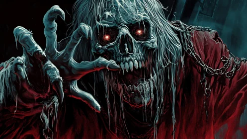 Undead ghoul lunges forward with chains in cinematic horror lighting