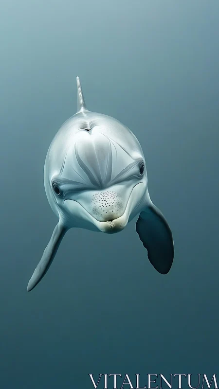 Dolphin swimming toward camera in calm blue water.