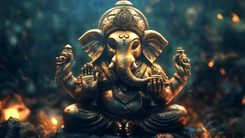 Bronze Ganesha sculpture in seated pose with ornate detailing.