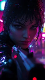 Cyberpunk female agent aiming handgun in neon environment.