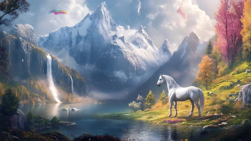 White horse beside alpine lake with waterfalls and peaks.