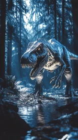 Predatory dinosaur stalks through misty blue forest stream.