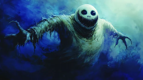Amorphous deep sea wraith with skeletal grin in blue haze