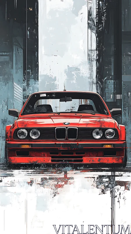 Digital painting front-view classic red BMW with urban grit.