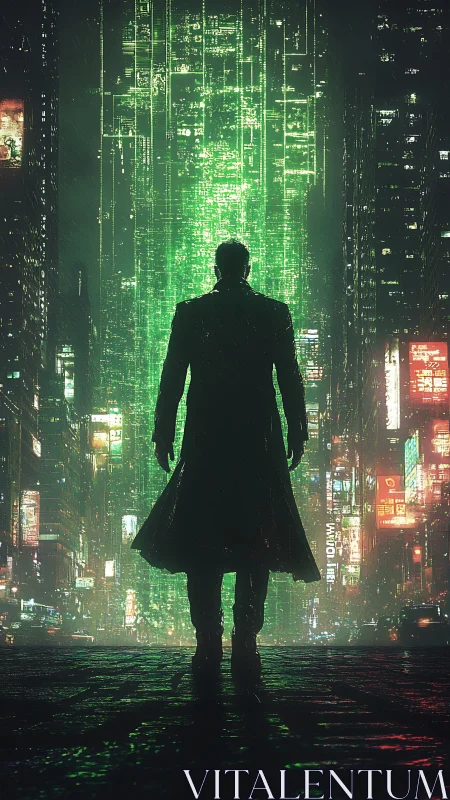 Silhouetted hacker confronts monolithic green data tower in rain