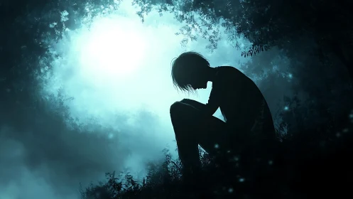 Backlit forest silhouette shows solitary figure in bowed posture