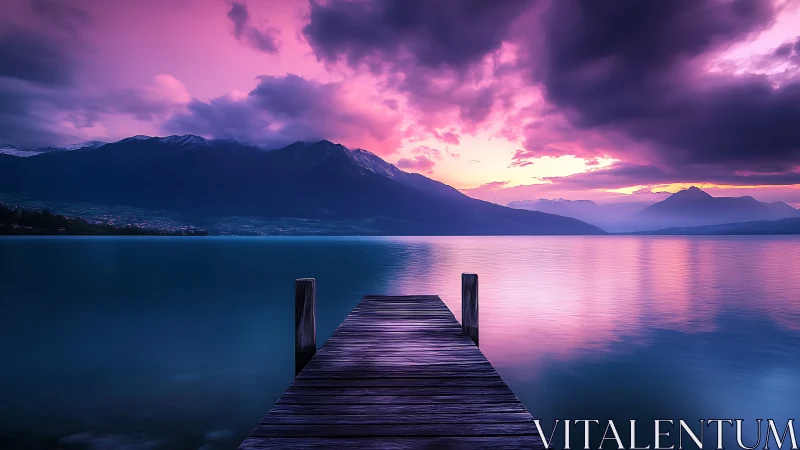 Wooden lakeside jetty leads into violet-pink alpine sunset glow