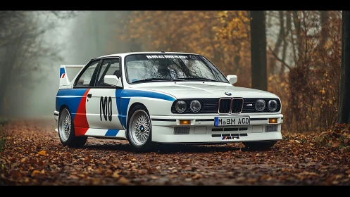 BMW E30 M3 race car rests on foggy autumn forest road