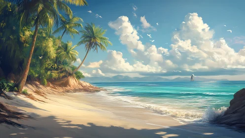 Tropical Beach Paradise with Palm Trees and Turquoise Waters.