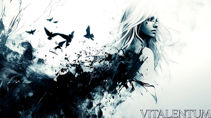 Dreamy white haired girl dissolving into ink and birds.