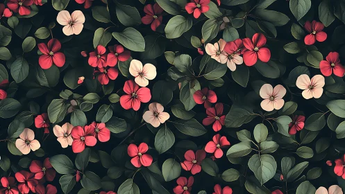 Dense floral canopy renders layered red and blush blossoms