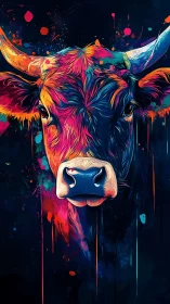 Vibrant frontal bull portrait rendered in neon digital strokes